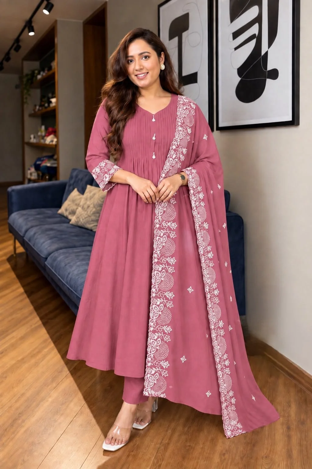 Mul Chanderi Reva Anarkali Suit Set